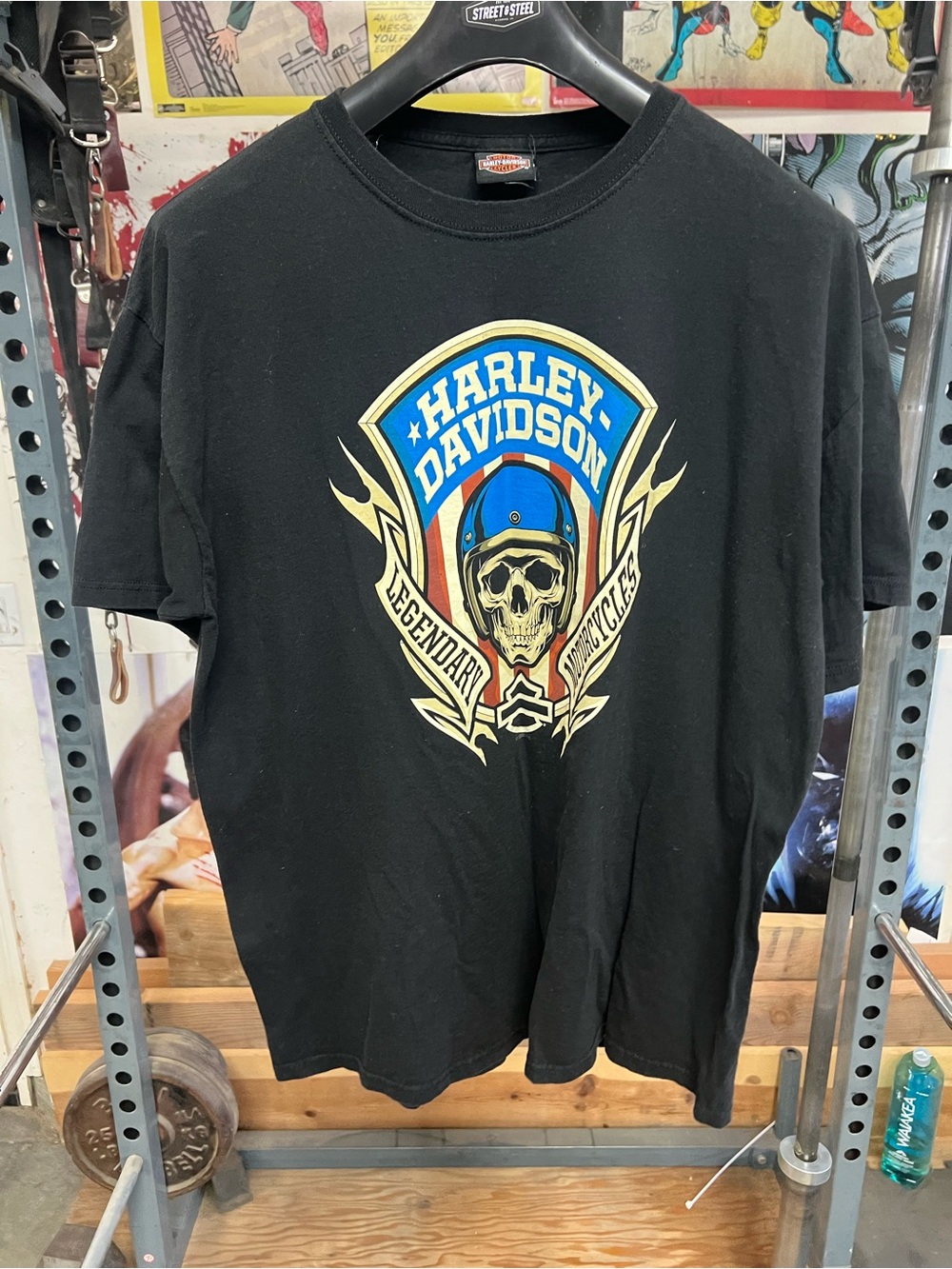 Harley-Davidson Black Tee with Blue Helmet Skull Graphic